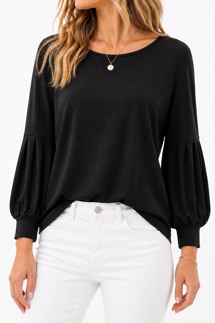 ANN TAYLOR Petite Black Blouse Balloon Sleeve Top Classic Workwear Minimalist MP